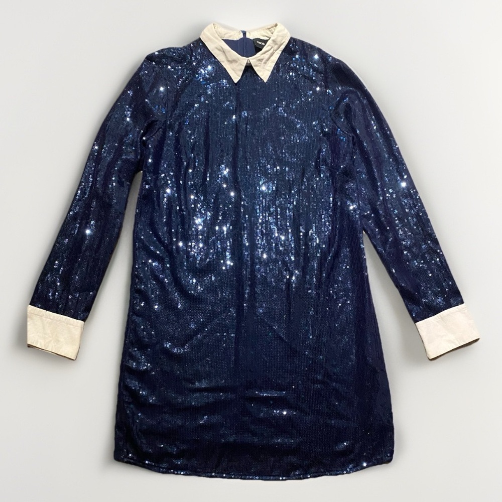 Asos Women’s Navy Blue Sequin Mini Night Party Long Sleeve Shirt Dress Size US 4